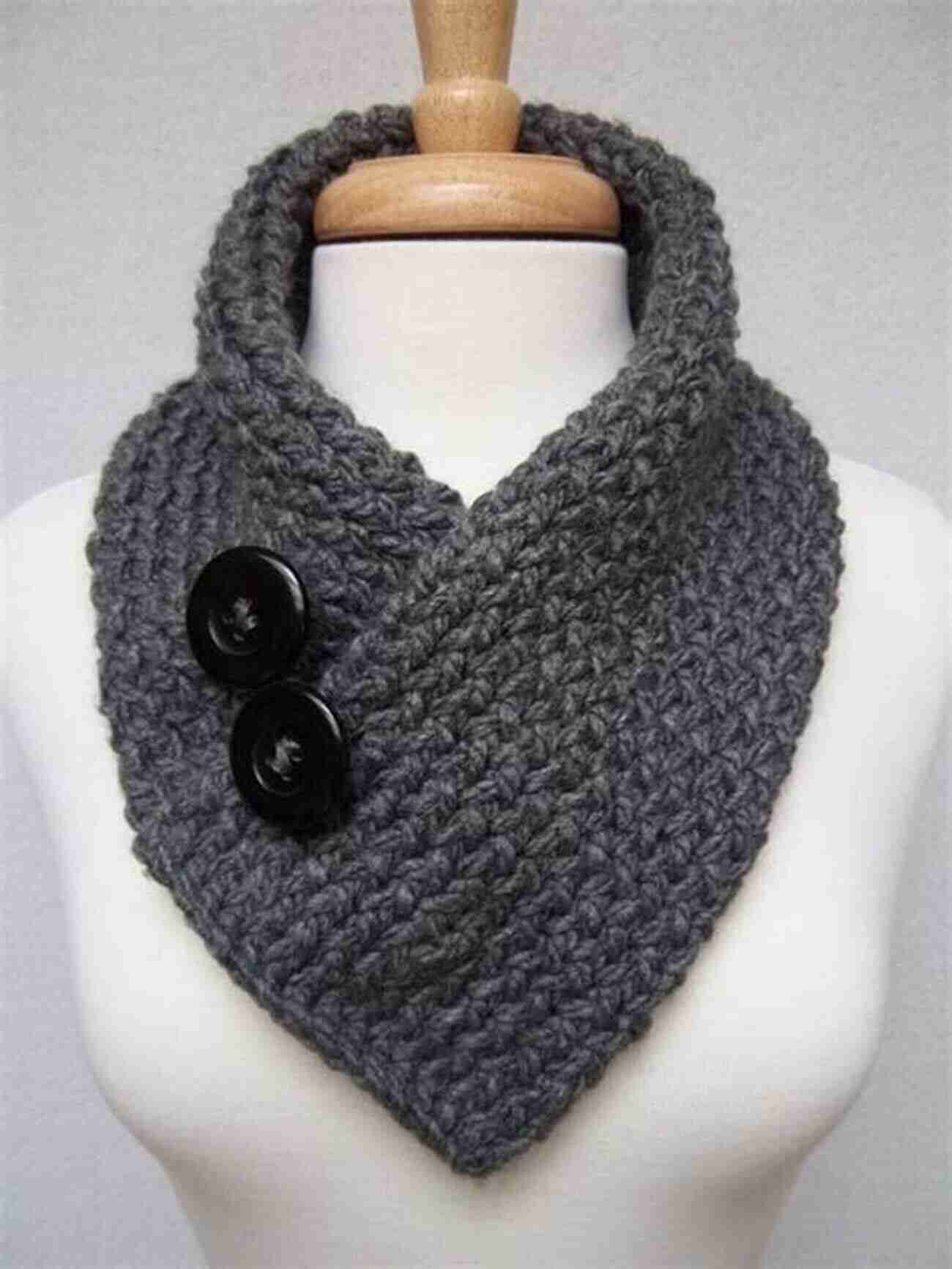 A Close Up Of The Buttoned Beauty Cowl Pattern Completed In A Light Gray Color. Cowl Knitting Ideas: Cowl Knitting Patterns Are Sure To Delight You: Knit Stylish Cowl