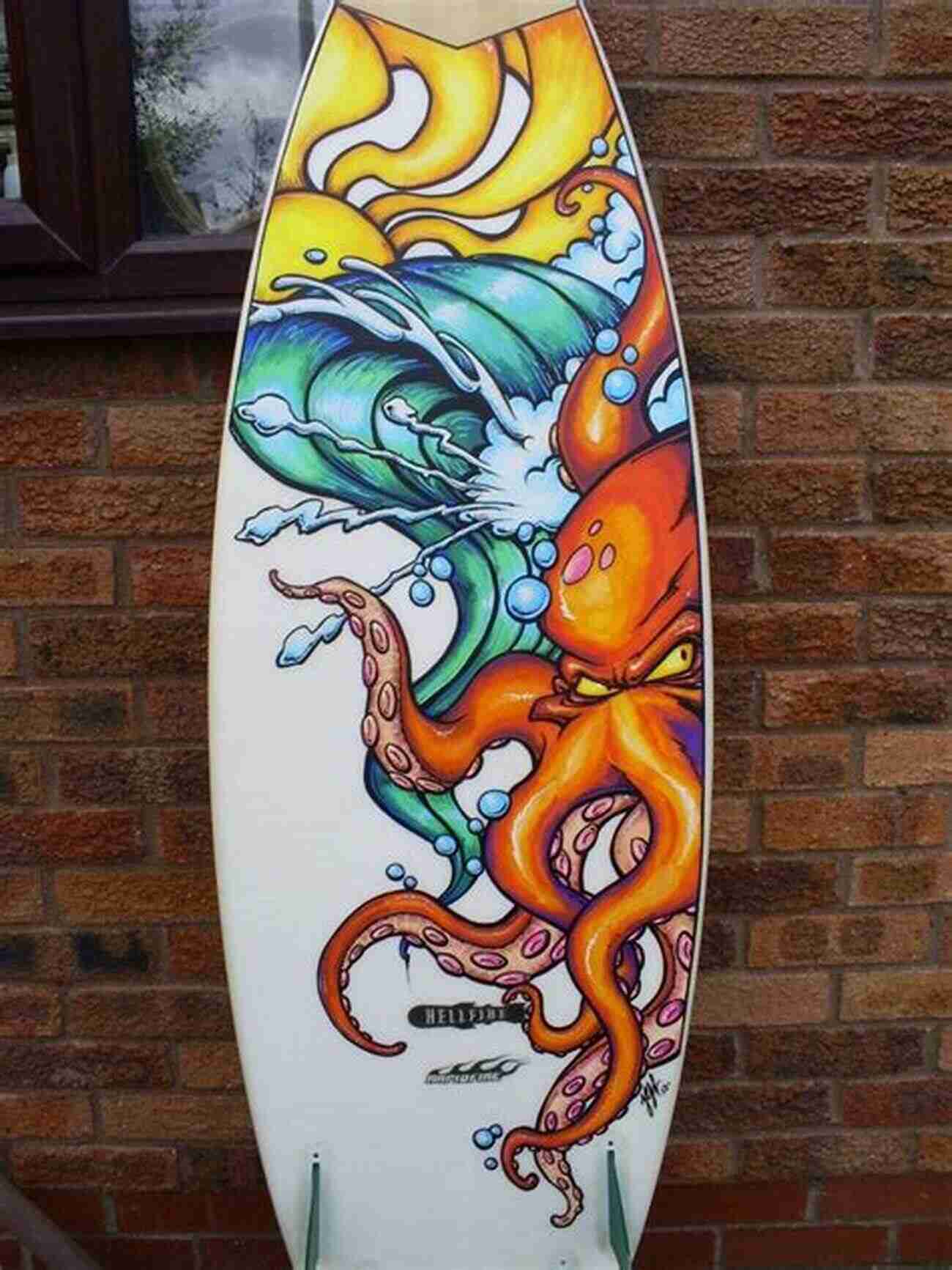 A Surfer Riding A Wave While Showcasing A Vibrantly Painted Surfboard In The Style Of Stoke The Surfboard: Art Style Stoke