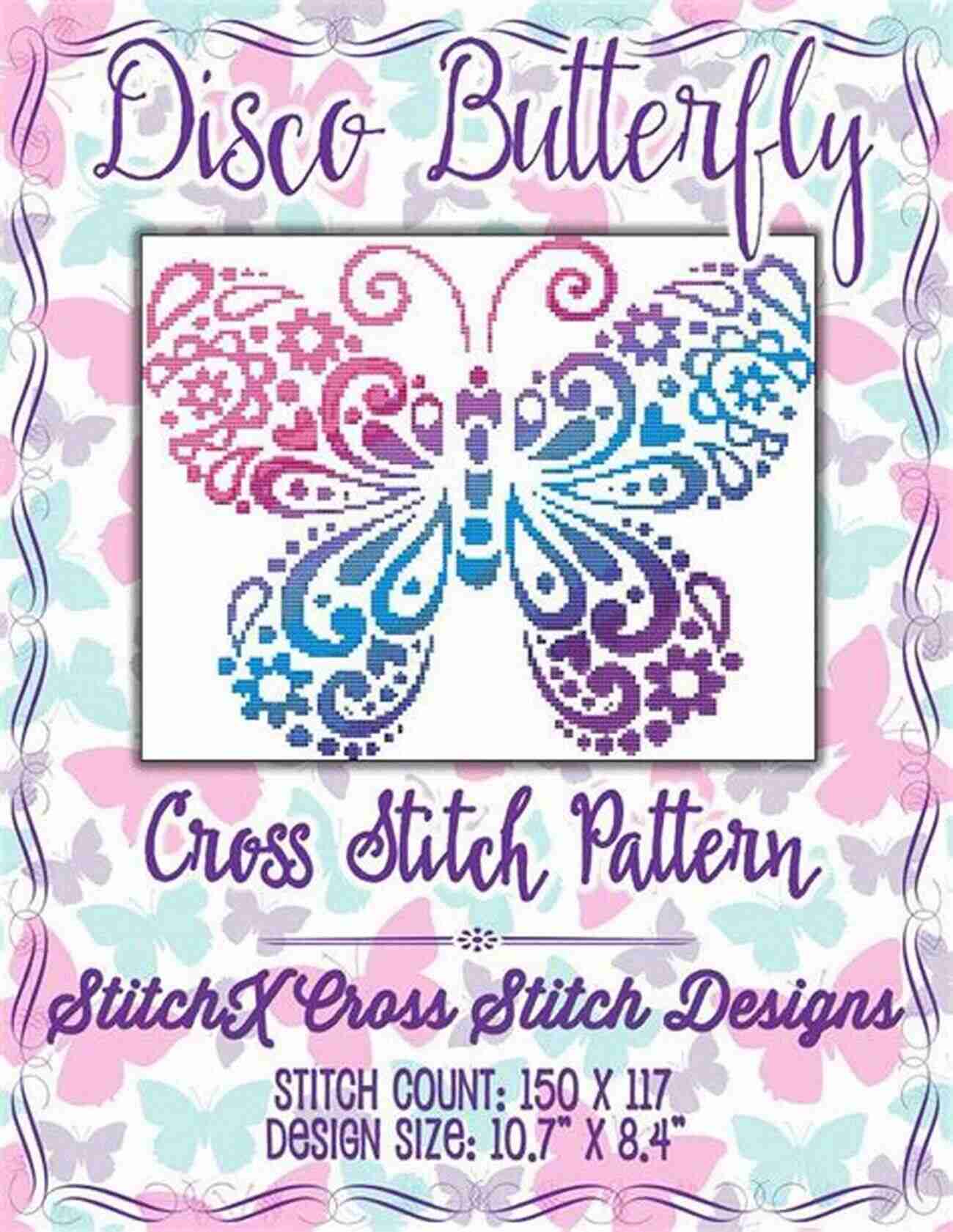 A Work In Progress Of The Disco Butterfly Cross Stitch Pattern, Showcasing The Intricate Details Coming To Life Disco Butterfly Cross Stitch Pattern