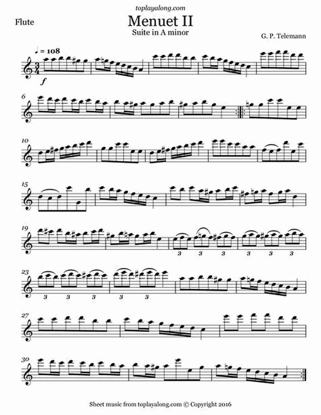 Sheet Music For Menuet From Suite In A Minor By G.P. Telemann Easy Classical Alto Recorder Solos: Featuring Music Of Bach Mozart Beethoven Wagner And Others