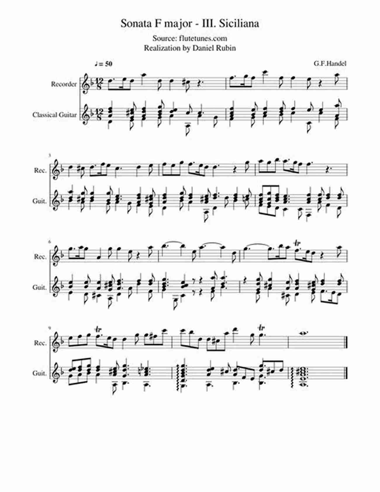 Sheet Music For Siciliana From Sonata In F Major By G.F. Handel Easy Classical Alto Recorder Solos: Featuring Music Of Bach Mozart Beethoven Wagner And Others