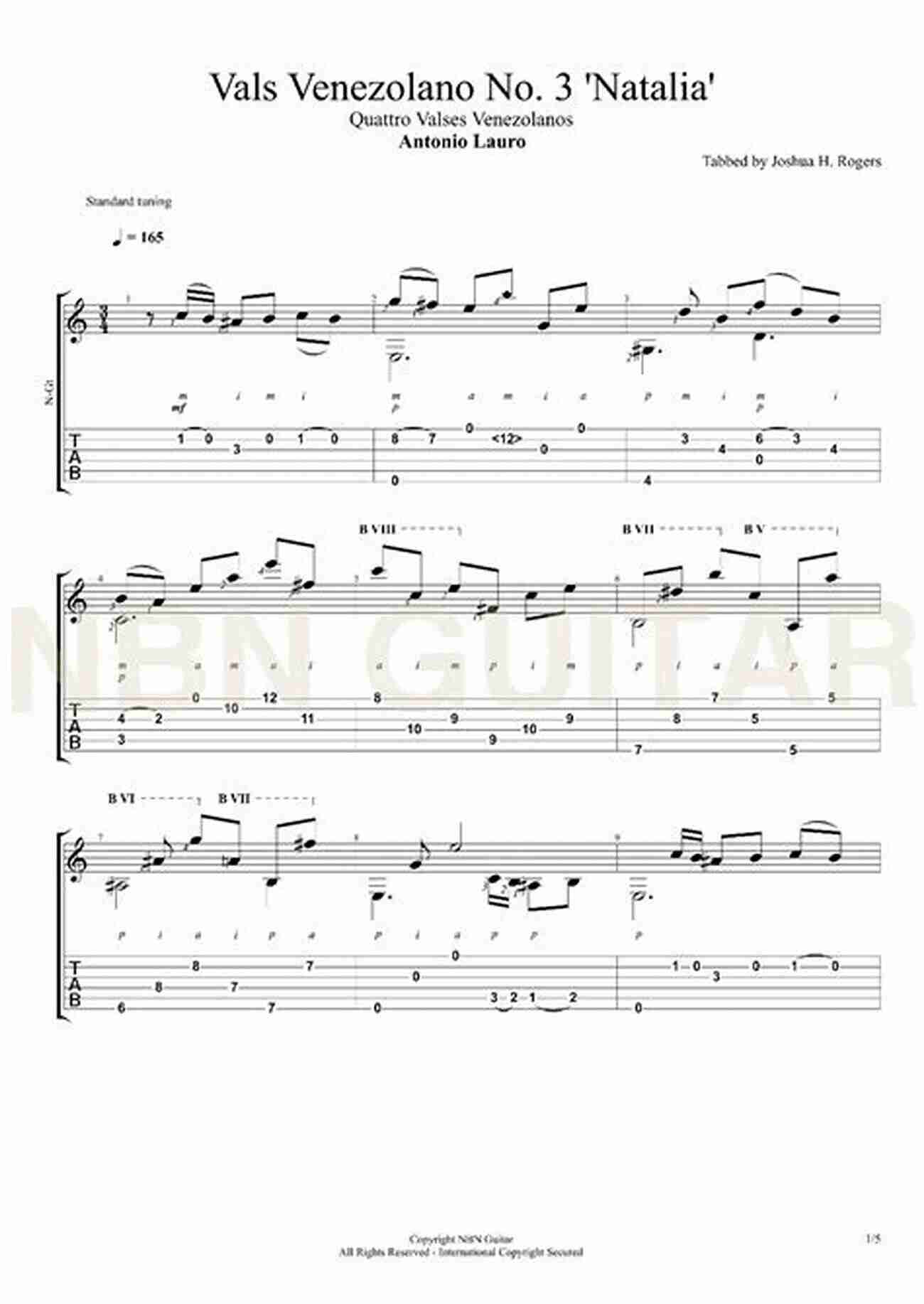 Sheet Music For Antonio Lauro Vals Venezolano No. 2 Classical For Guitar In TAB: Easy To Intermediate Classics And Transcriptions For Solo Guitar