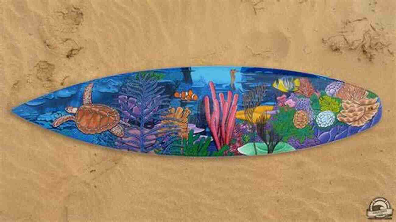 Vibrantly Painted Surfboard Featuring Vibrant Ocean Themed Artwork In The Style Of Stoke The Surfboard: Art Style Stoke